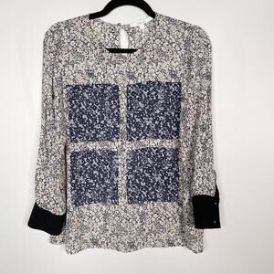 Derek Lam 10 Crosby Womens 4 Blue Ivory Floral Silk Windowpane Blouse Keyhole